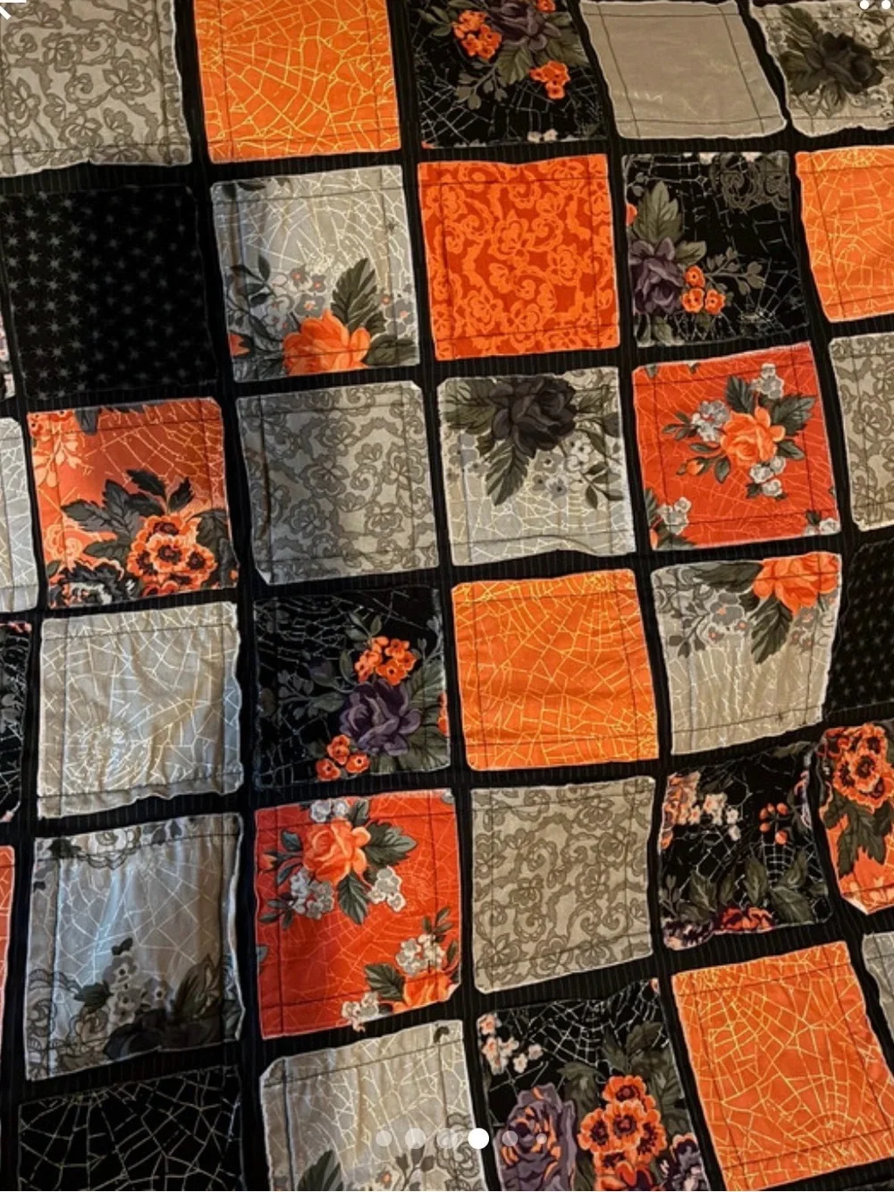 Orange and Black Patchwork Quilt - Floral Checkered Bedspread